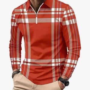 Men's  Orange/ Red Large ‎ Long sleeve Polo Shirt slim fit collard shirt